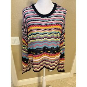 Woven Heart Vibrant Multicolor Striped Crochet Knit Sweater, Relaxed Fit, Large